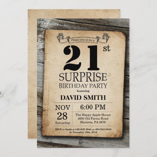 Surprise Rustic 21e anniversaire Invitation Vintag (Devant / Derrière)