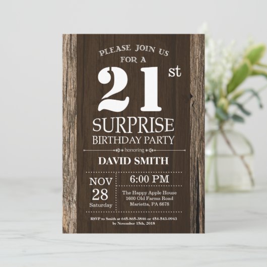 Surprise Rustic 21e anniversaire Invitation Vintag (Debout devant)