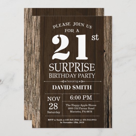 Surprise Rustic 21e anniversaire Invitation Vintag (Devant / Derrière)