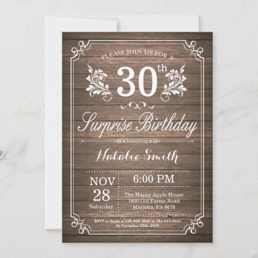 Surprise Rustic 30th Birthday Invitation Floral Kaart (Voorkant)