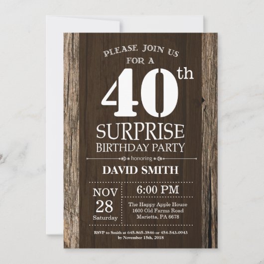 Surprise Rustic 40e anniversaire Invitation Vintag (Devant)