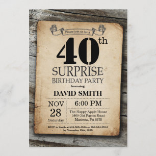 Surprise Rustic 40th Birthday Invitation Vintage Kaart