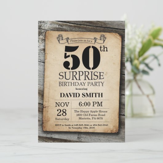 Surprise Rustic 50e anniversaire Invitation Vintag (Debout devant)