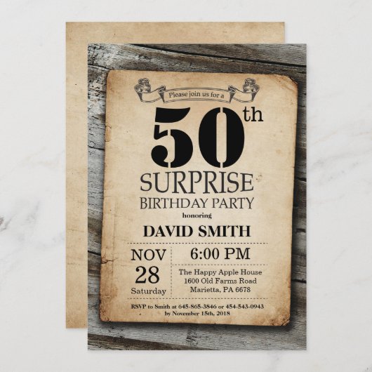 Surprise Rustic 50e anniversaire Invitation Vintag (Devant / Derrière)