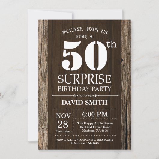 Surprise Rustic 50th Birthday Invitation  Kaart (Voorkant)