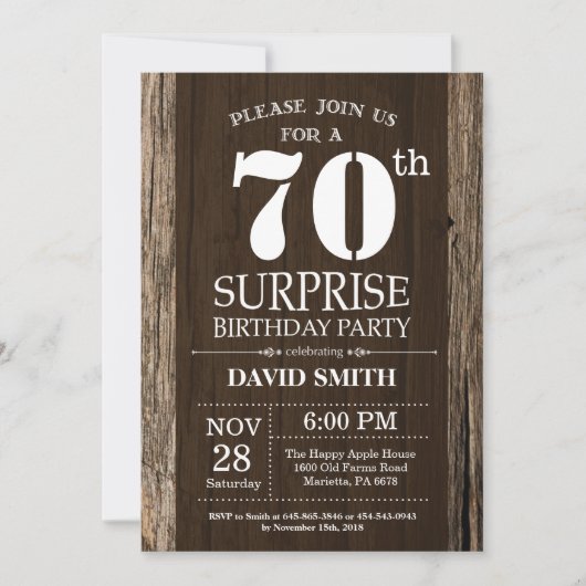 Surprise Rustic 70e anniversaire Invitation Vintag (Devant)