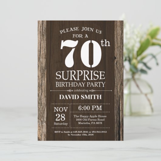 Surprise Rustic 70e anniversaire Invitation Vintag (Debout devant)