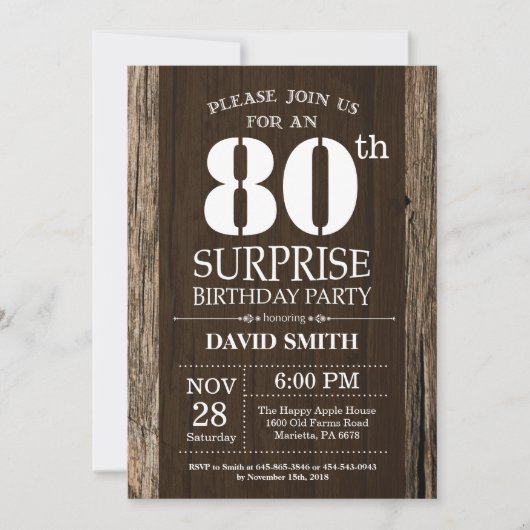 Surprise Rustic 80e anniversaire Invitation Vintag (Devant)