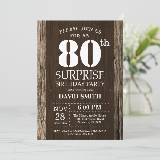 Surprise Rustic 80e anniversaire Invitation Vintag (Debout devant)