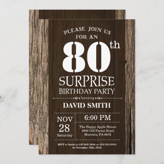 Surprise Rustic 80e anniversaire Invitation Vintag (Devant / Derrière)