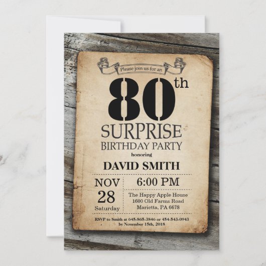 Surprise Rustic 80e anniversaire Invitation Vintag (Devant)