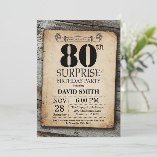 Surprise Rustic 80e anniversaire Invitation Vintag (Debout devant)