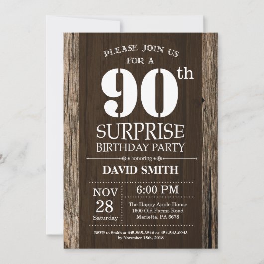 Surprise Rustic 90e anniversaire Invitation Vintag (Devant)