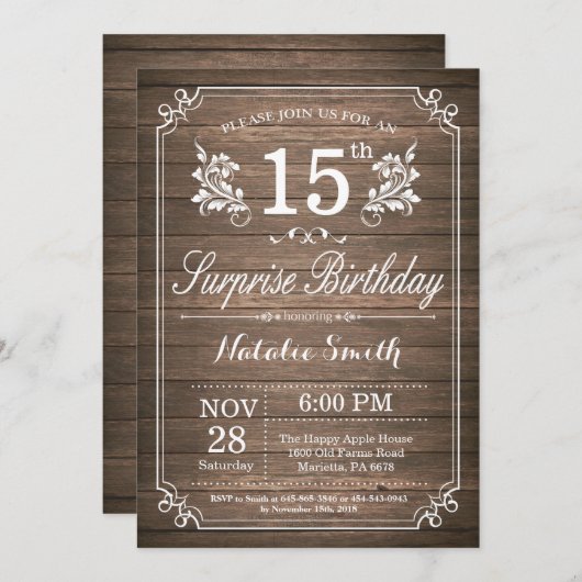 Surprise Rustique 15e anniversaire Invitation Flor (Devant / Derrière)