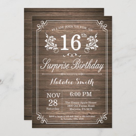 Surprise Rustique 16e anniversaire Invitation Flor (Devant / Derrière)