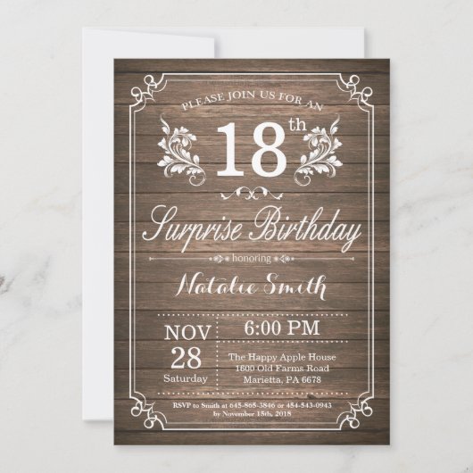 Surprise Rustique 18e anniversaire Invitation Flor (Devant)
