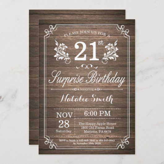 Surprise Rustique 21e anniversaire Invitation Flor (Devant / Derrière)