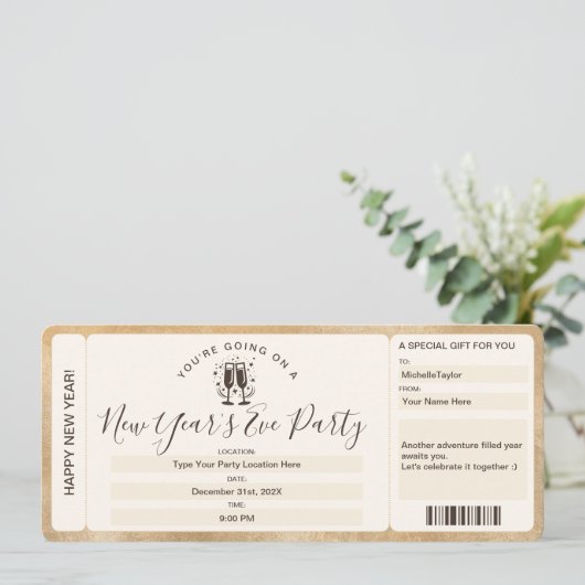 Surprise Ticket Oud en Nieuw Party Voucher Kaart (Staand voorkant)