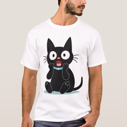 Surprised Black Cartoon Cat T-shirt (Voorkant)