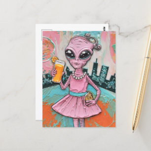 Surreal Alien Lady in Roze met Oranje Juice Briefkaart