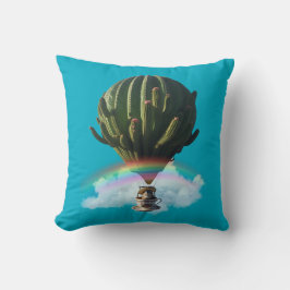 Surreal Cat Hot Air Balloon with Cactus & Rainbow Kussen