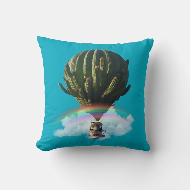Surreal Cat Hot Air Balloon with Cactus & Rainbow Kussen (Voorkant)