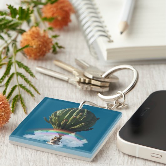 Surreal Cat Hot Air Balloon with Cactus & Rainbow Sleutelhanger (Voorkant Rechts)