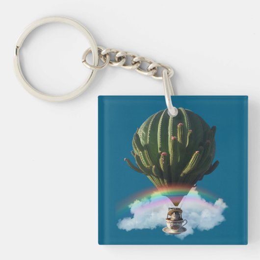 Surreal Cat Hot Air Balloon with Cactus & Rainbow Sleutelhanger (voorkant)