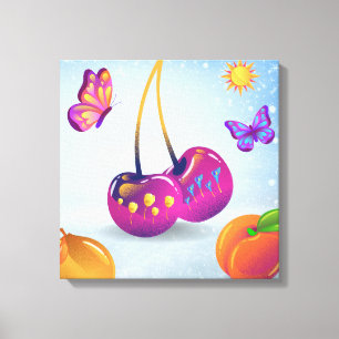 Surreal Cherry & Butterfly Stretched Canvas Afdruk