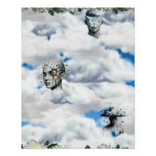 Surreal Cloud Portrait with Cracked, Serene and Perfect Poster