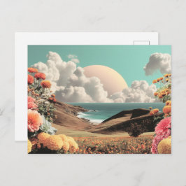 Surreal Coastal Landscape With Flowers And Clouds Briefkaart