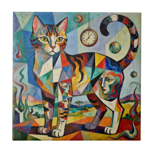 Surreal Cubist Style Cat Art Tegeltje (Voorkant)