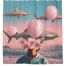 Surreal Dreamscape with Sharks and Balloons Douchegordijn
