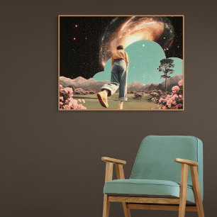 Surreal figuur dat een melkwegpoort binnenloopt poster