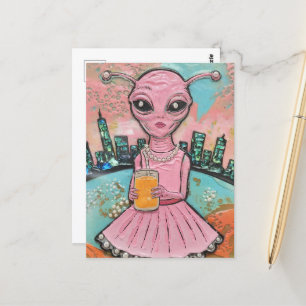 Surreal Lady Alien in het roze met Oranje sap Briefkaart