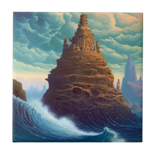 Surreal Landscape Towering City Fantasy Art Tegeltje