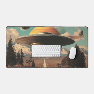Surreal landschap met weg, UFO en Saturnus Bureaumat