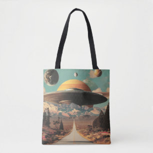 Surreal landschap met weg, UFO en Saturnus Draagtas