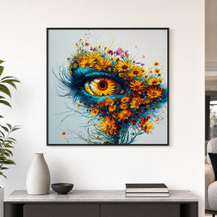Surreal Moeder Natuur Oog Geel Teal Wilde Bloemen Perfect Poster