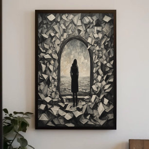 Surreal monochroom zwevende papieren muurkunstpost perfect poster