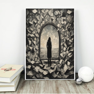 Surreal monochroom zwevende papieren muurkunstpost poster