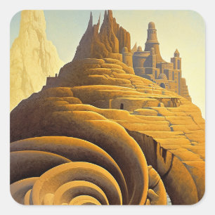 Surreal Mountain City Fantasy Art Vierkante Sticker