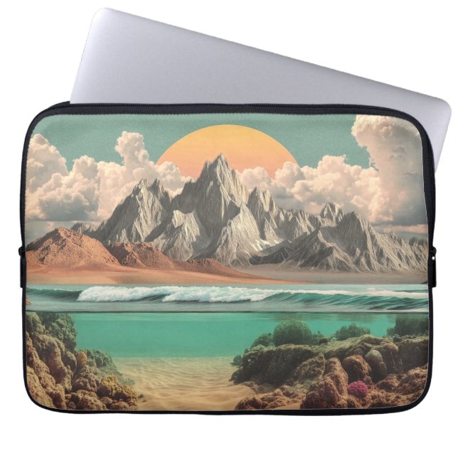 Surreal Ocean and Mountain Landscape with Waves Laptop Sleeve (Voorkant)