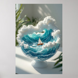 🌊 Surreal Ocean in Glass Globe Tiny Sailboat✨ Poster
