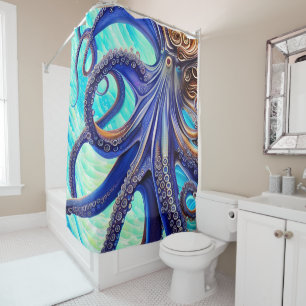 Surreal Octopus Blue Ocean Wave Impressionisme Douchegordijn