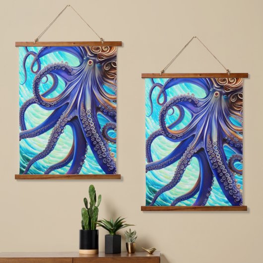 Surreal Octopus Blue Ocean Wave Impressionisme Hangend Wandkleed (Asymmetrisch)