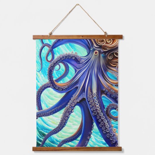 Surreal Octopus Blue Ocean Wave Impressionisme Hangend Wandkleed (Voorkant 2)