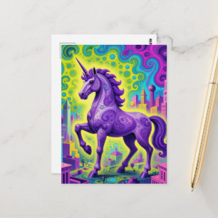 Surreal paarse eenhoorn in een stad briefkaart
