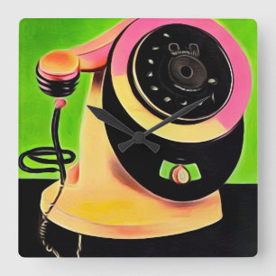Surreal Pop Art Retro Telefoon 3 Vierkante Klok