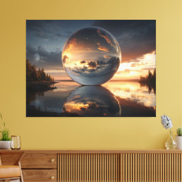 Surreal Reflective Sphere With Sunset Clouds Over  Canvas Afdruk